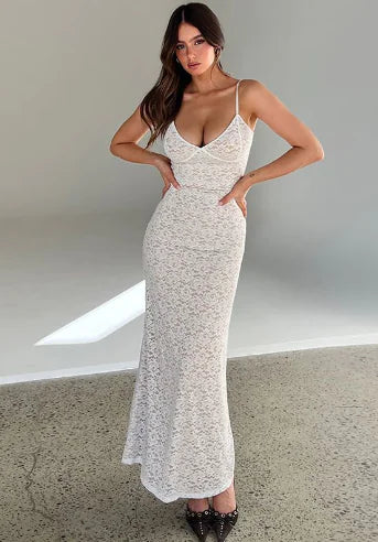 Backless Lace Dress - Sexy Slim Fit Maxi Dress