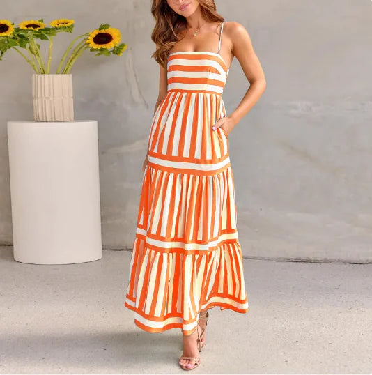Striped Backless Sling Maxi Dress