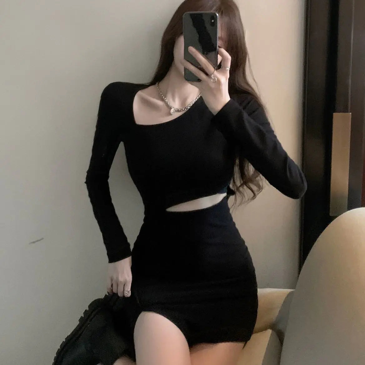 Women's Asymmetrical Collar Long Sleeve Mini Dress