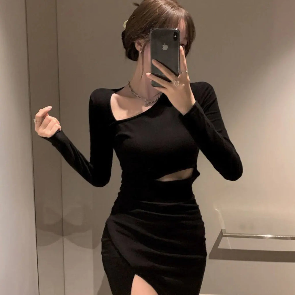 Women's Asymmetrical Collar Long Sleeve Mini Dress