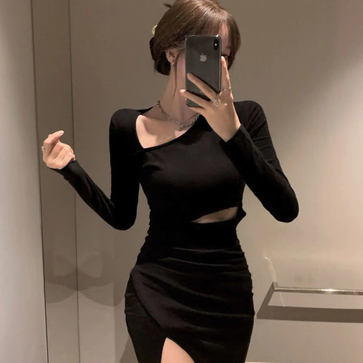 Women's Asymmetrical Collar Long Sleeve Mini Dress