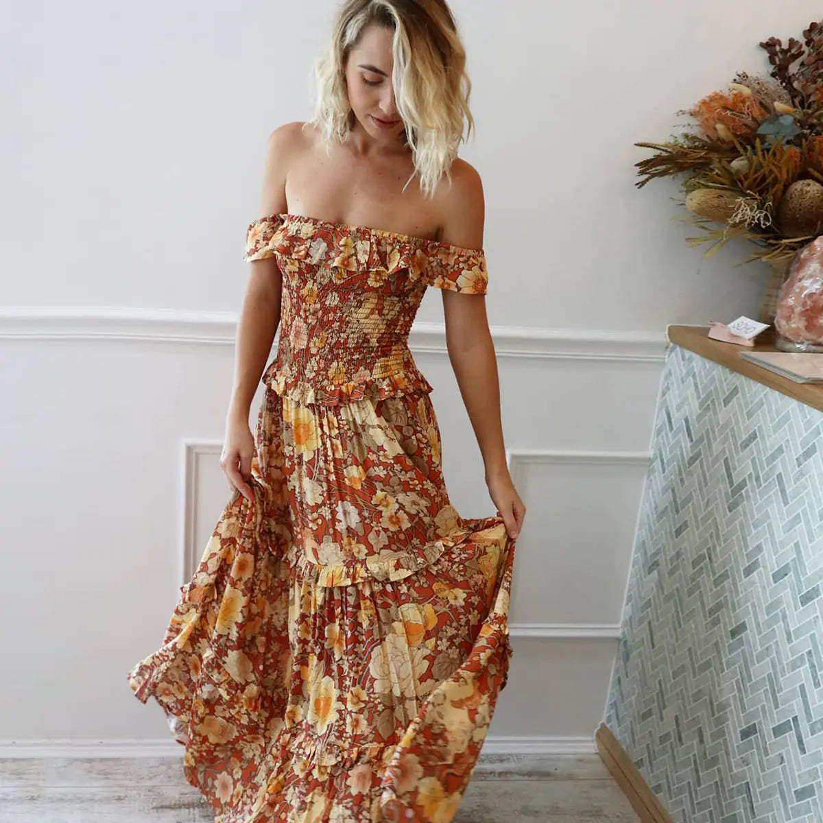 Bohemian Floral Print One-Shoulder Beach Dress