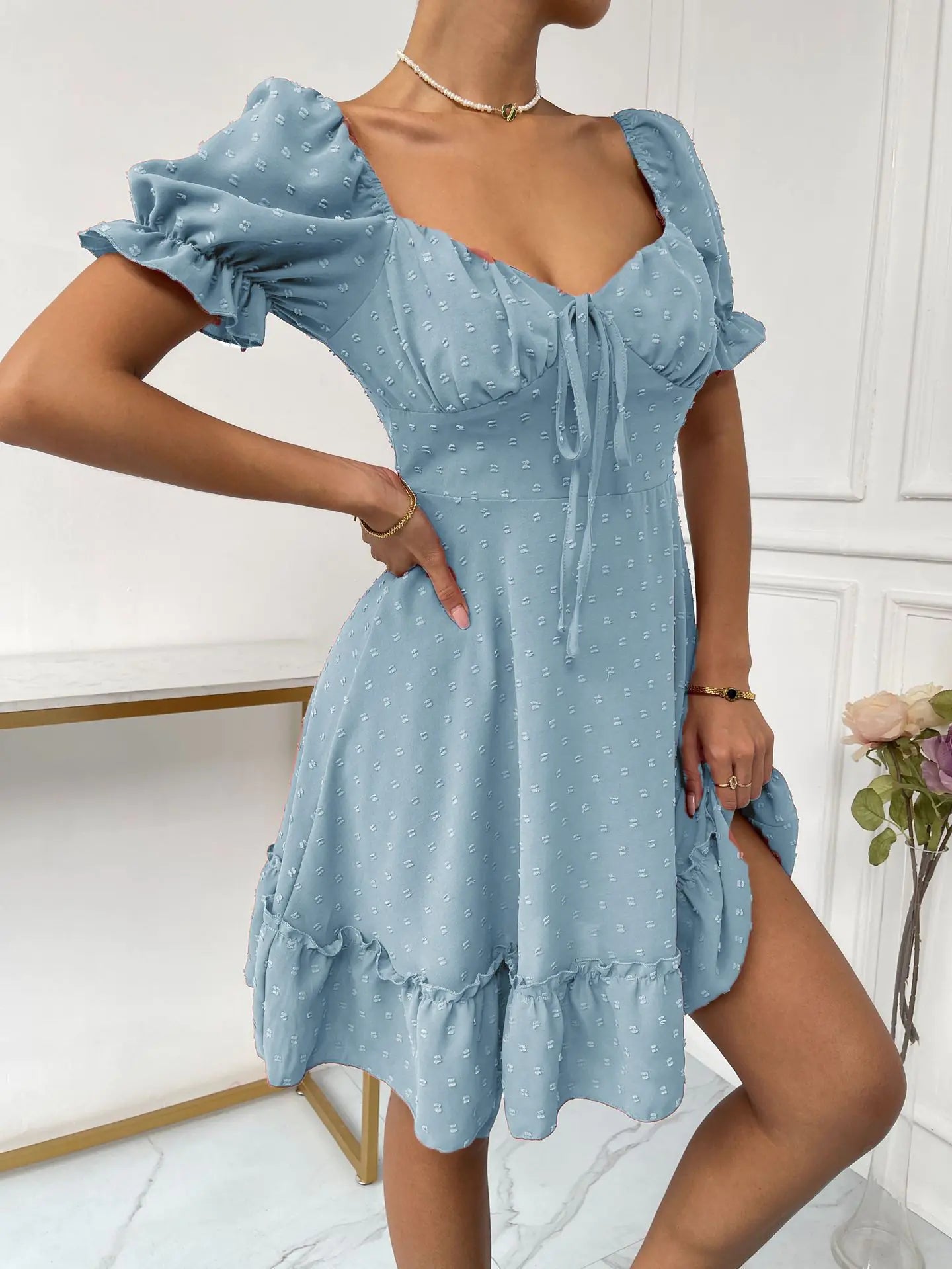 Full Jacquard Puff Sleeve Mini Dress