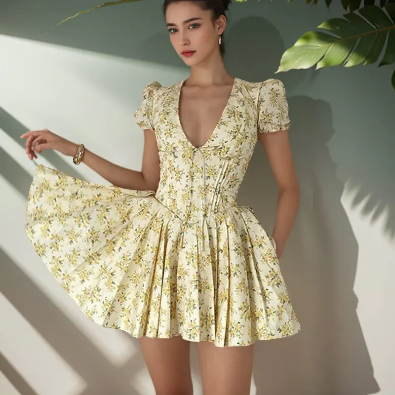 Vintage Floral Mini Dress with Puff Sleeves