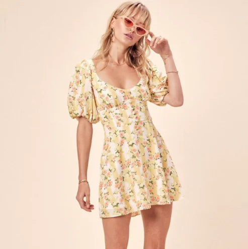 Vintage Floral Mini Dress with Puff Sleeves