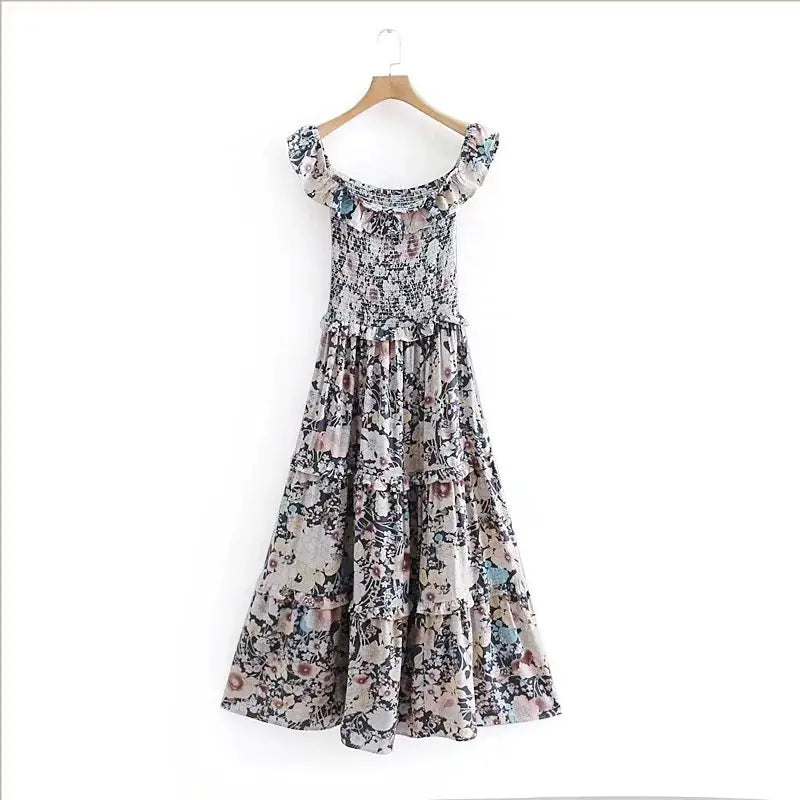 Bohemian Floral Print One-Shoulder Beach Dress