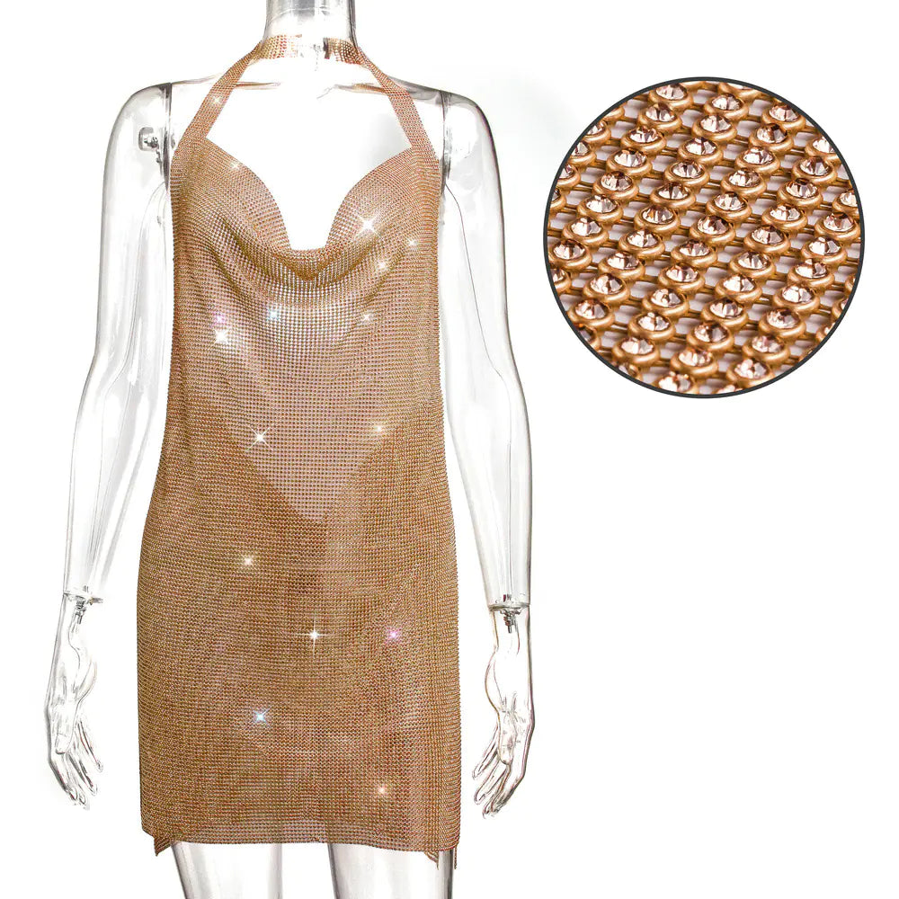 Premium Rhinestone Halter Neck Backless Mini Dress