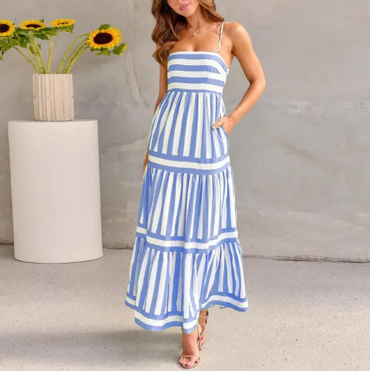 Striped Backless Sling Maxi Dress