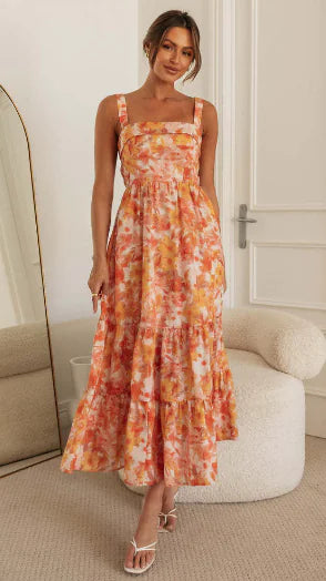 Bohemian Floral Print One-Shoulder Beach Dress