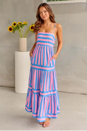 Striped Backless Sling Maxi Dress