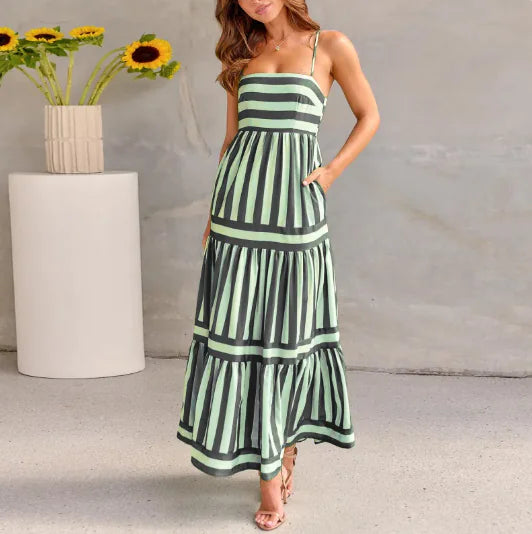 Striped Backless Sling Maxi Dress