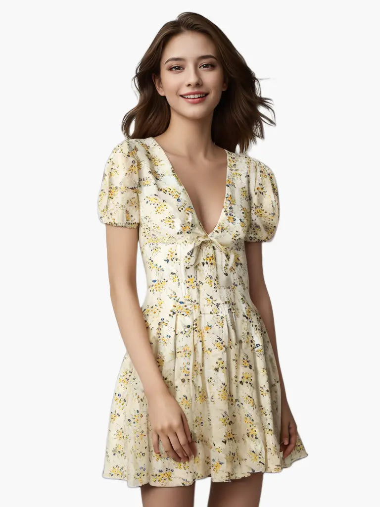 Vintage Floral Mini Dress with Puff Sleeves