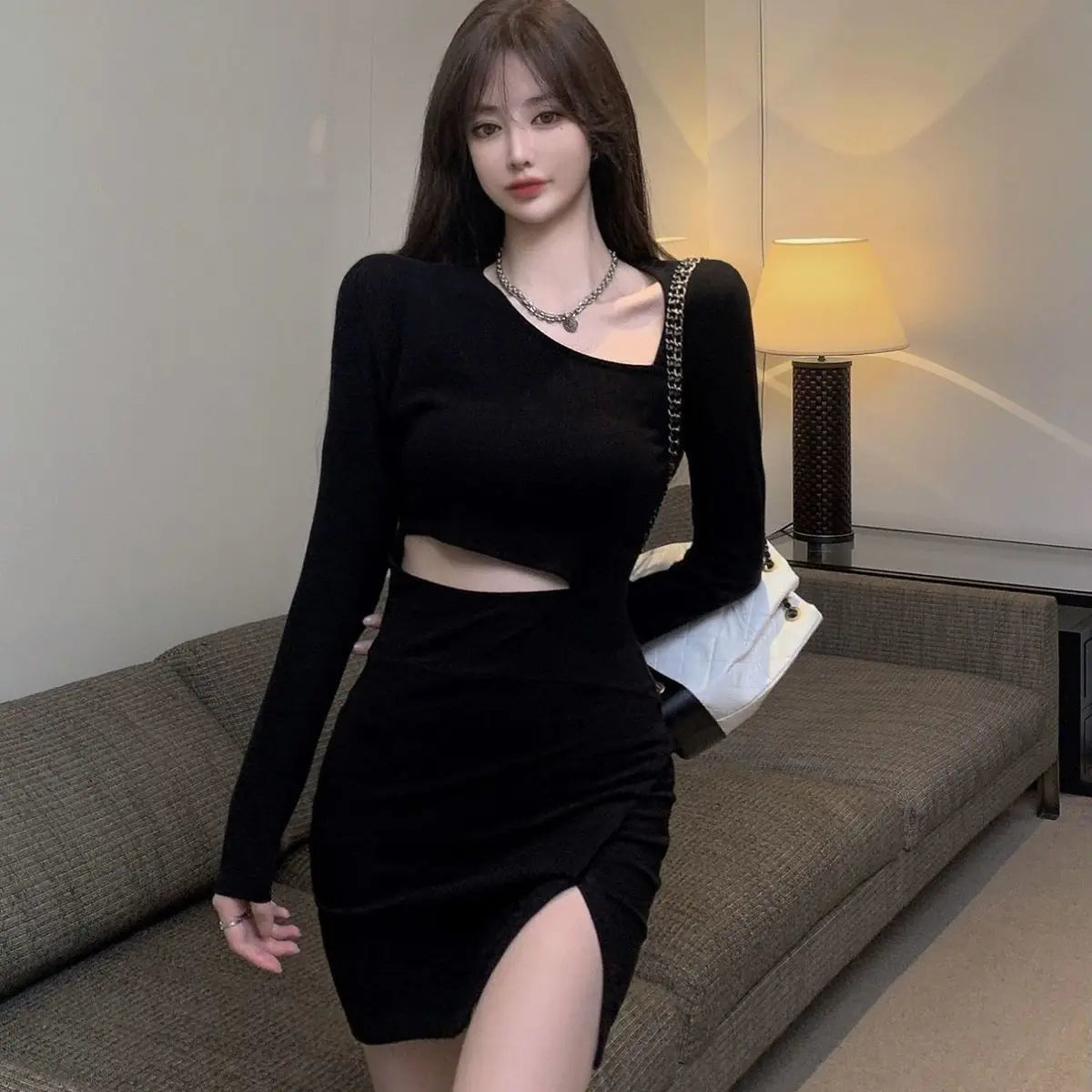 Women's Asymmetrical Collar Long Sleeve Mini Dress