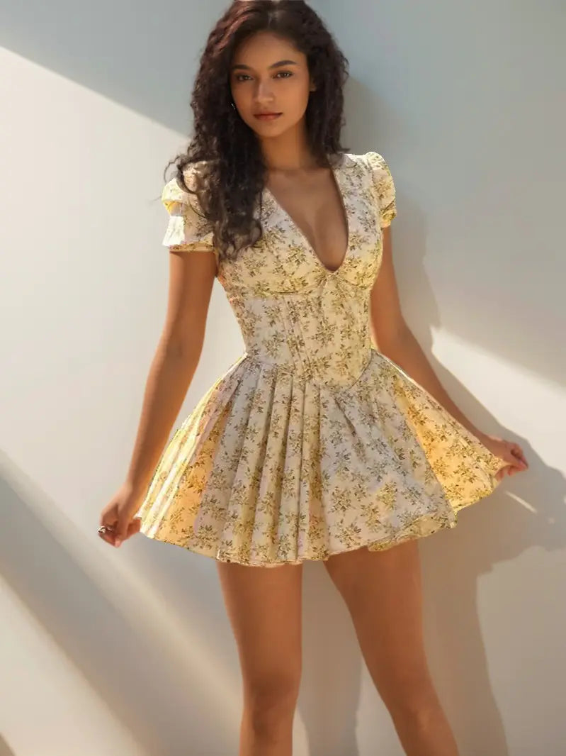 Vintage Floral Mini Dress with Puff Sleeves
