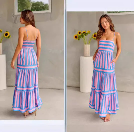 Striped Backless Sling Maxi Dress