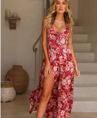 Floral Maxi Dress with Tie for Beach Vacation
