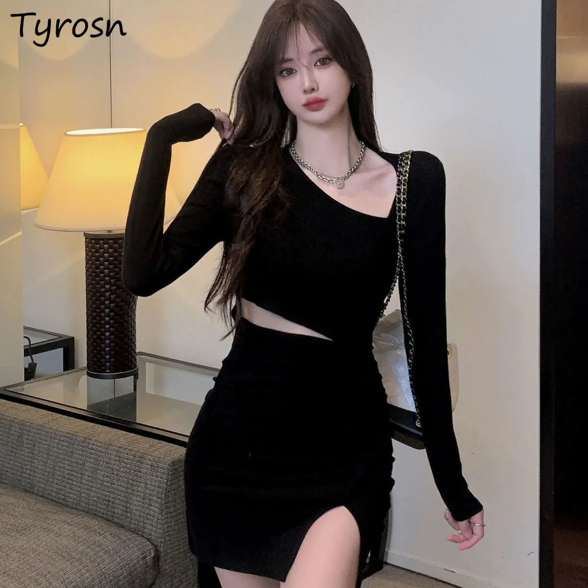 Women's Asymmetrical Collar Long Sleeve Mini Dress